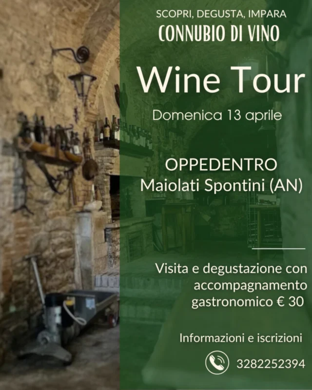 🍷 Vivi un’esperienza unica tra le colline marchigiane! 🍇

Unisciti a noi domenica 13 aprile 2025 per un wine tour speciale tra Cupramontana e Maiolati Spontini! 
Due appuntamenti, un solo obiettivo: farti vivere una giornata all’insegna del buon vino e della bellezza del territorio.

📍 Dove e quando?

➡️ Ore 10:30 – Ritrovo a Cupramontana, via Madonna del Piano, 27  per un’esperienza immersiva nella campagna anconetana. 
➡️ Ore 12:00 – Ritrovo in cantina Oppeddentro, Via Guglielmo Marconi, 16 - Maiolati Spontini (AN) per scoprire i segreti della vinificazione.

💰 Costo: 30€. Paga l'acconto della quota (20€) al nostro link in bio.
📲 Prenotazione obbligatoria tramite WhatsApp al numero 328 2252394.
⚠️ Iscrizioni entro venerdì 11 aprile!

#connubiodivino #corsiperilvino #appassionarsialvino #winelover #winetour