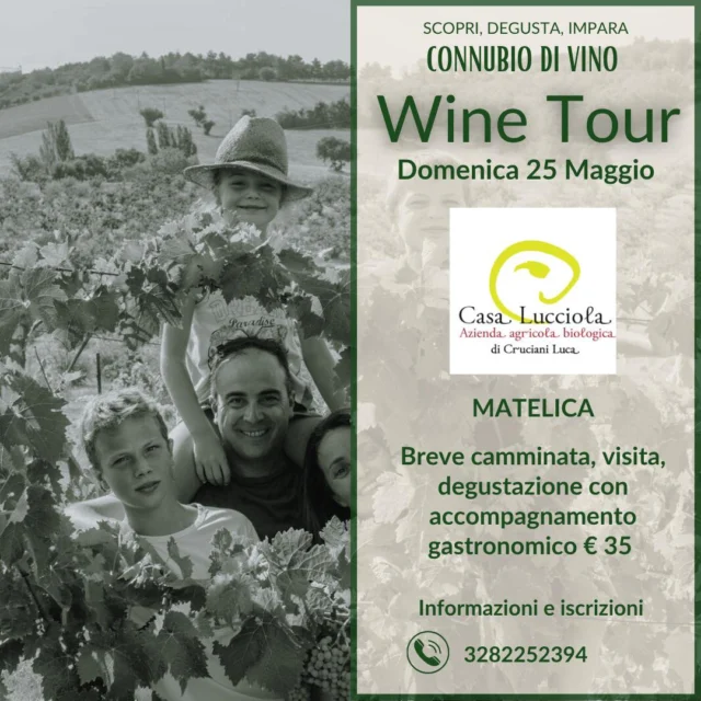 🚎 NUOVO WINE TOUR‼️ 

📅 Domenica 25 maggio

Andremo a trovare gli amici di Casa Lucciola, piccola azienda familiare di Matelica!!

📍 Dove
Azienda Casa Lucciola link: https://g.co/kgs/fX3mvdi

➡️ Ore 10,45 - Incontro per chi vuole passeggiare - Un breve sentiero per ammirare le campagne e vigneti della valle di Matelica

➡️ Ore 12:00 circa – Inizio visita in cantina

Dopo la visita col produttore, a seguire la degustazione dei vini aziendali con cibo in accompagnamento 

 ℹ️ Prenotazioni ENTRO LA MATTINATA di sabato 24 maggio

⚠️ Posti disponibili. 20
Costo a persona: € 35