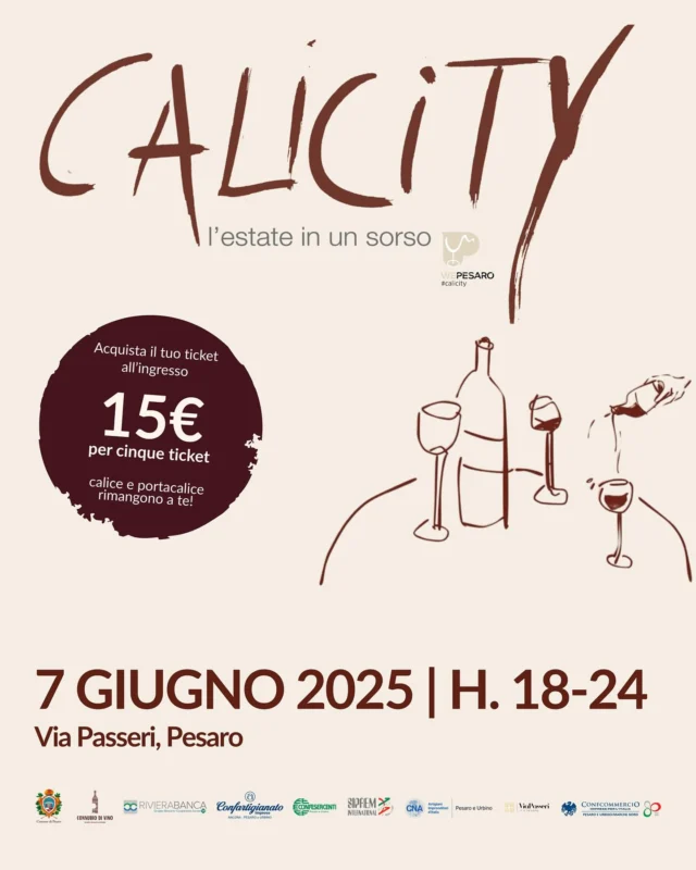 SAVE THE DATE!
Il 7 giugno via Passeri si fa inebriante 🍷✨

Torna Calicity, l’evento che accende il cuore di Pesaro con i profumi e i sapori delle migliori cantine del territorio.
Dalle 18:00 alle 24:00, lasciati guidare in un percorso sensoriale lungo Via Passeri,dove ogni calice sarà una scoperta.

🎟️ Con un ticket da 15€ hai diritto a 5 degustazioni: scegli, assaggia, innamorati.
Durante Calicity, le attività di Via Passeri si attiveranno con proposte food da passeggio, perfette per abbinarsi ai vini in degustazione.
Rosso intenso, bianco fresco, bollicine d’autore — ogni vino ha una storia, e ogni sorso è un incontro.

Non mancare!

#calicity #wine #winelover #pesaro #event #connubiodivino #comunedipesaro